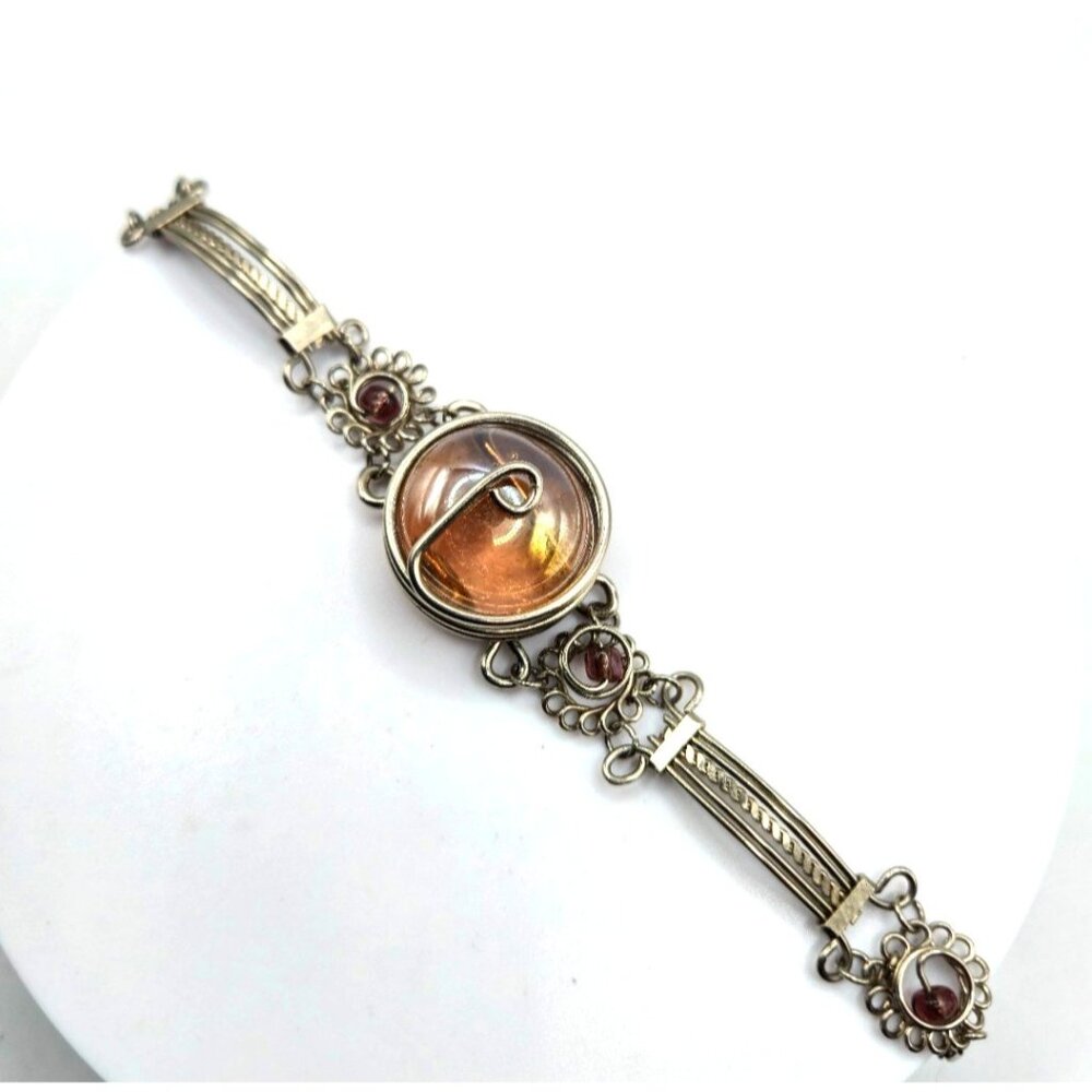 Vintage Silver Tone Bracelet w/ Large Amber Glass Cabochon Purple Glass Accents